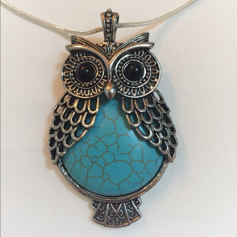 Owl Necklace Silver & Turquoise colored